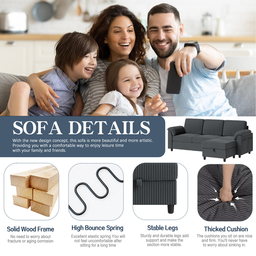Meilocar Sectional Couch for Living Room, 79in Sectional Sofa with Ottoman, L Shaped Couch with Armrests Side Storage Pockage, 3-Seat Sofa Couches for Apartment, Black