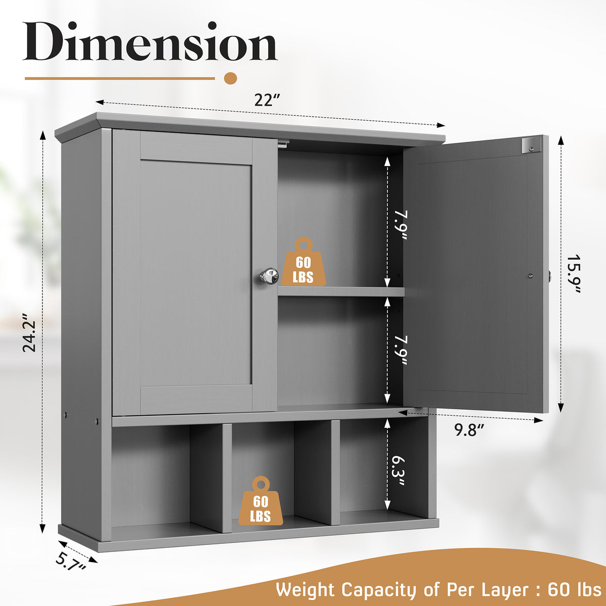 Meilocar Bathroom Wall Cabinet, Bathroom Cabinet Wall Mount with 2 Doors and 3 Open Shelves, Over the Toilet Wood Medicine Cabinets for Laundry Room