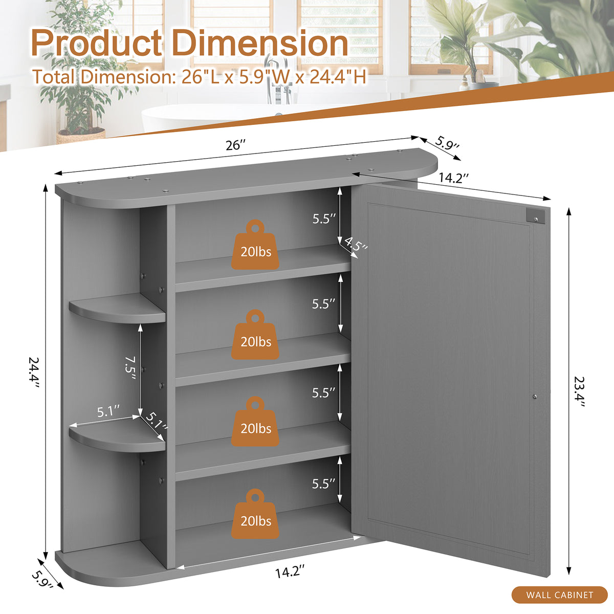 Meilocar Bathroom Medicine Cabinet with Mirror, Mirror Cabinet with 6 Open Shelves, Modern Bathroom Wall Cabinet Medicine Cabinet,