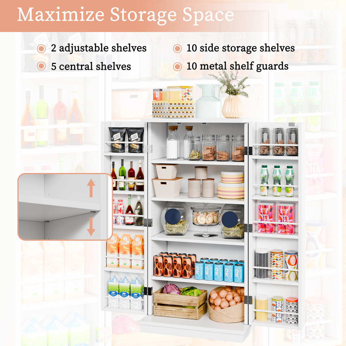 Meilocar 47in Kitchen Pantry Cabinet, Wood Kitchen Storage Pantry Cabinets Freestanding Pantries Cabinets with Doors & Adjustable Shelves