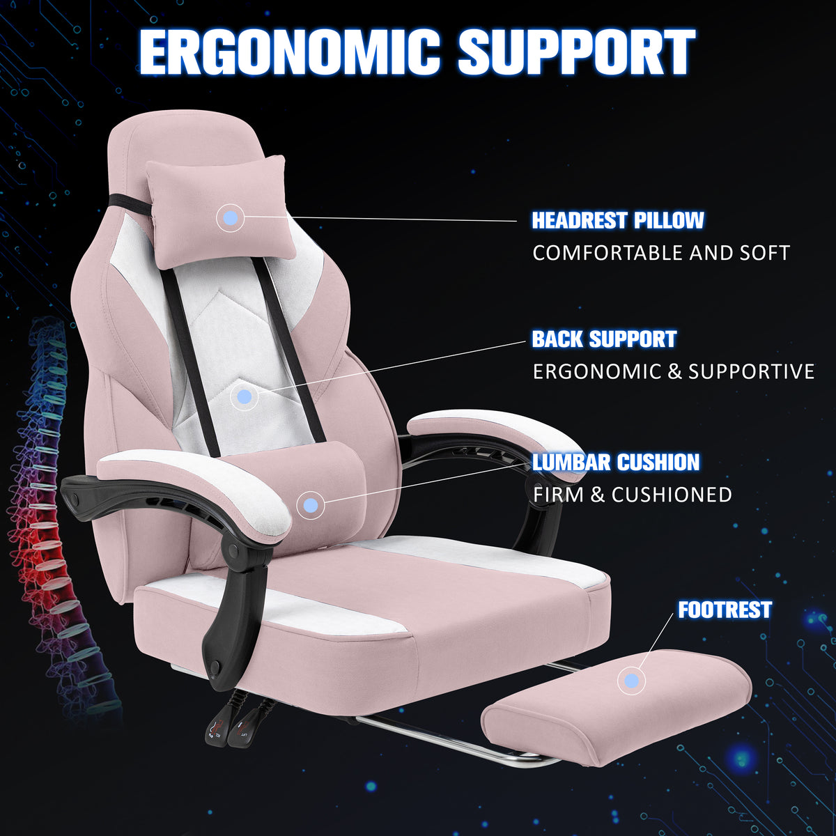 Meilocar Gaming Chair with Footrest Fabric Gaming Chair for Adults with Massage Lumbar Support, High Back Ergonomic Computer Chair, Pocket Spring Cushion, 150°Reclining & Linkage Armrests