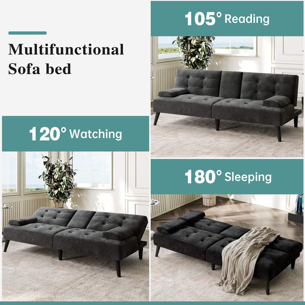 Meilocar 64" Futon Sofa Bed, Small Loveseat, Cup Holders, Small Couch with 3 Adjustable Angles, Removable Armrests, Small Sofa for Apartment, 5.3 FT