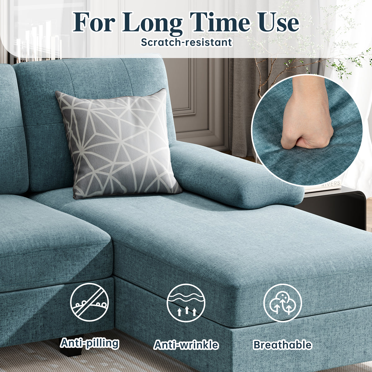 Meilocar Sectional Couches for Living Room, U Shaped Couch 4 Seat Sofa with Removable Pillows for Apartment and Small Space (Striped Blue)