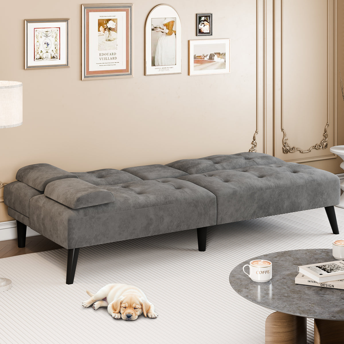 Meilocar 64" Futon Sofa Bed, Small Loveseat, Cup Holders, Small Couch with 3 Adjustable Angles, Removable Armrests, Small Sofa for Apartment, 5.3 FT
