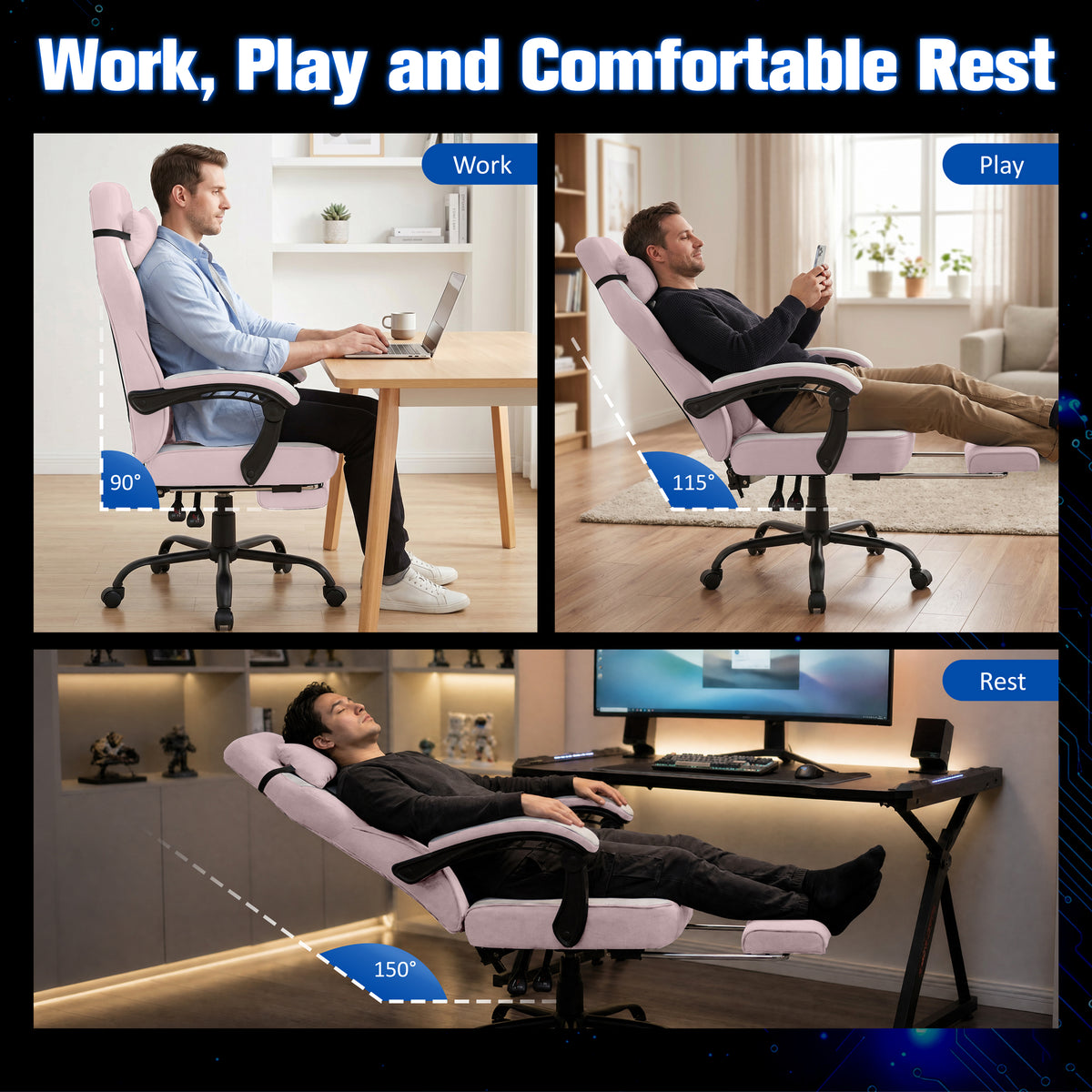 Meilocar Gaming Chair with Footrest Fabric Gaming Chair for Adults with Massage Lumbar Support, High Back Ergonomic Computer Chair, Pocket Spring Cushion, 150°Reclining & Linkage Armrests
