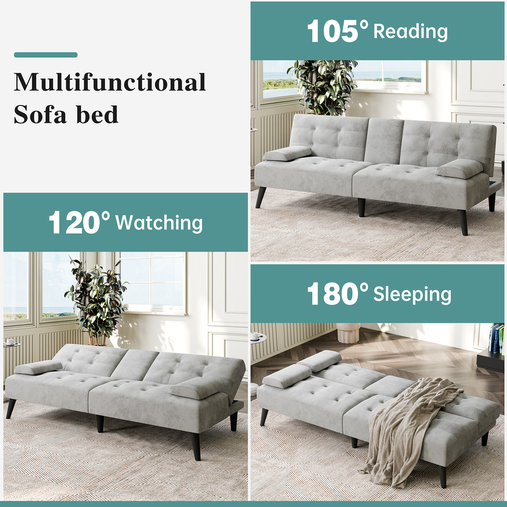 Meilocar 64" Futon Sofa Bed, Small Loveseat, Cup Holders, Small Couch with 3 Adjustable Angles, Removable Armrests, Small Sofa for Apartment, 5.3 FT