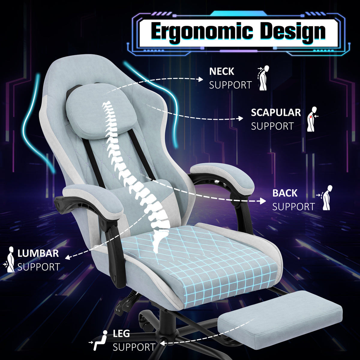 Meilocar Gaming Chair with Footrest, Ergonomic Fabric Desk Chair